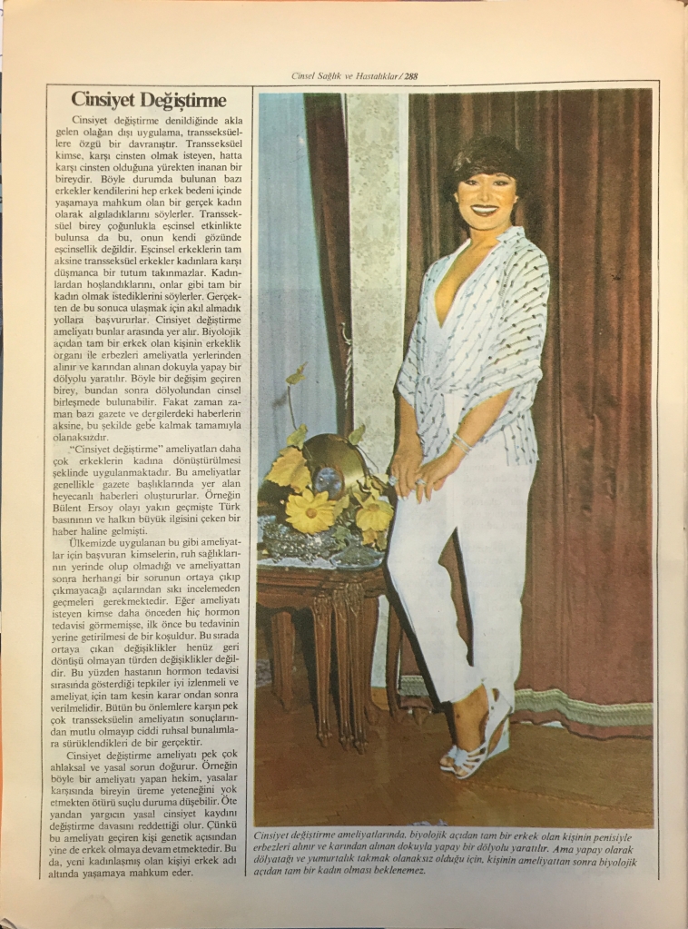 Magazine article with black and white text on left, and colour photograph of woman in white pants and billowy light-blue blouse with short brown hair in front of brown crushed-velvet drapes on right.
