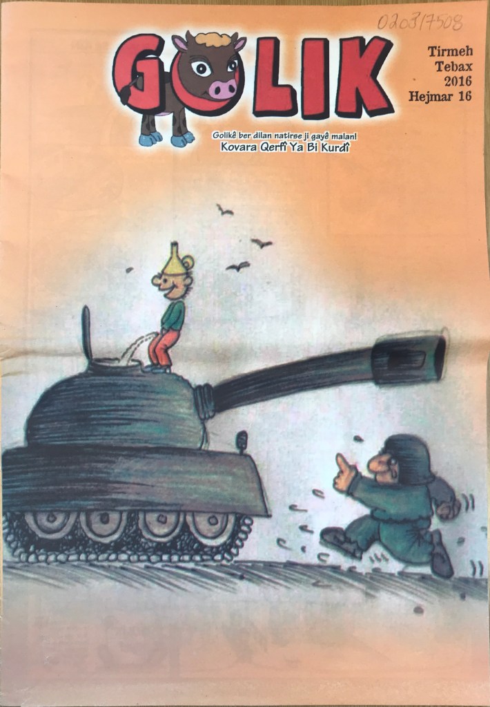 Cover of a magazine with red bubble text at the top and a drawing of a man atop a tank urinating into the hatch while a soldier runs up to him with his finger wagging. 