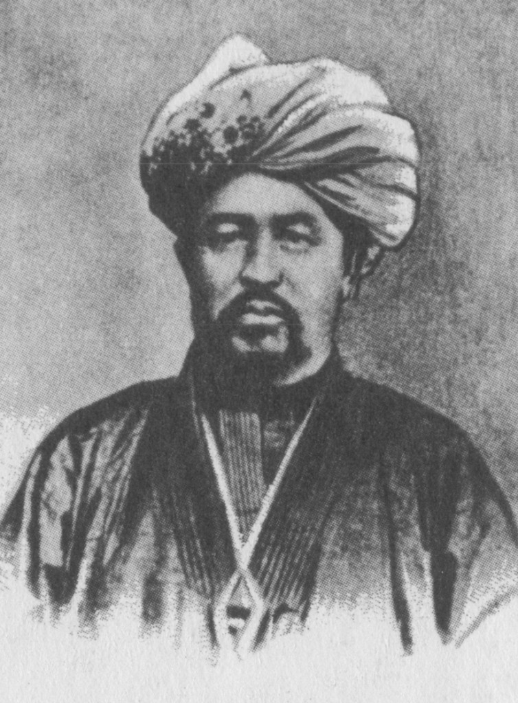 A black and white illustration of the bust of a man in traditional Muslim cleric's clothing with a turban on his head.