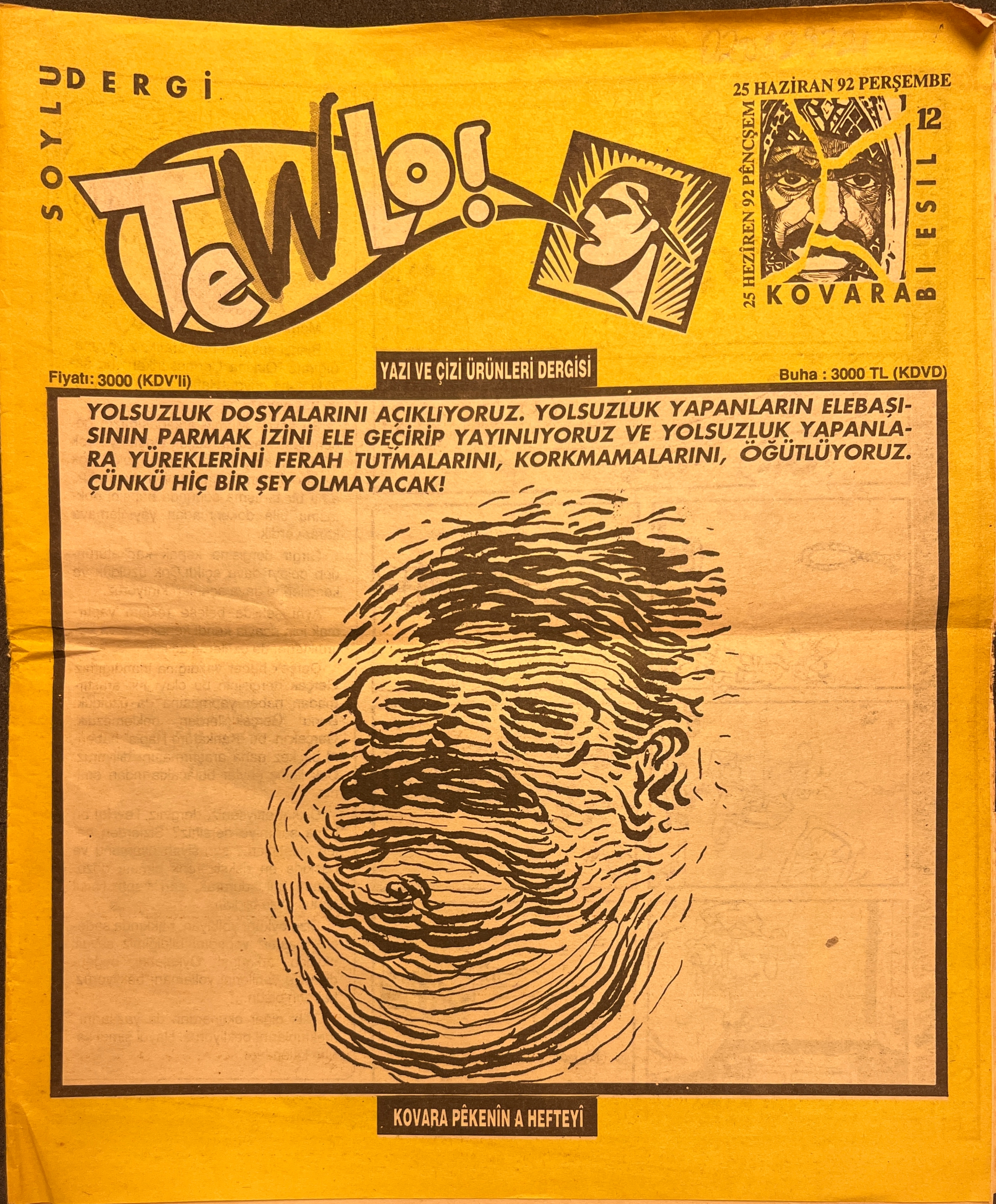 Yellow-paper cover of a magazine with text in black and white, a black-rimmed box, and an illustrated portrait of a man stylized as a finger print.