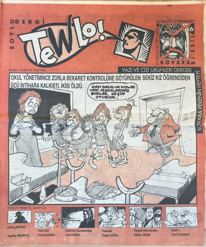 Cover of a magazine in red, black and white, with bubble letters at top, and an illustration of a classroom. 
