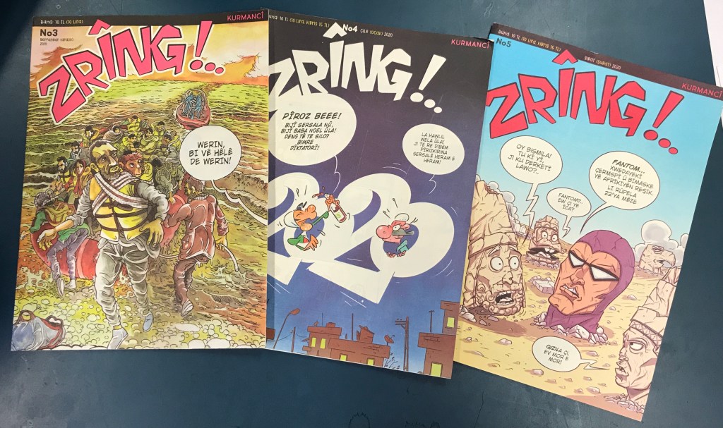 Multicoloured covers of magazines featuring Latin-script text in bubbles and cartoons. 