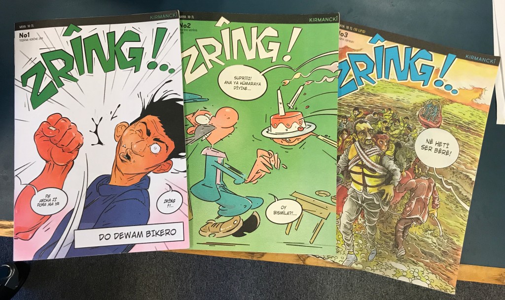 Multicoloured covers of magazines featuring Latin-script text in bubbles and cartoons. 