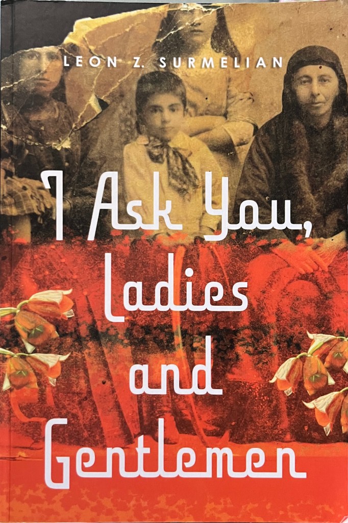 Book cover with white text above sepia-coloured family photo and reddish brush stroke through middle