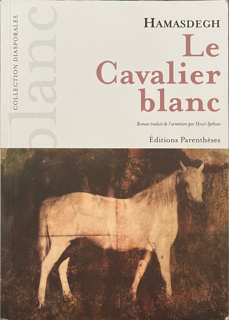 Book cover with light brown text in top right above white background and old sepia photo of horse on bottom half