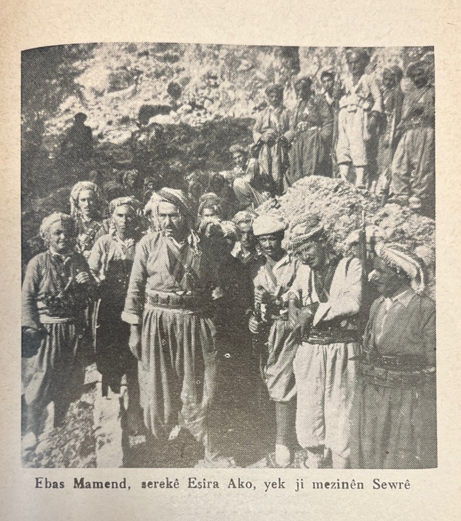 A black and white photograph of men in Kurdish traditional dress standing in front of a rocky outcropping.