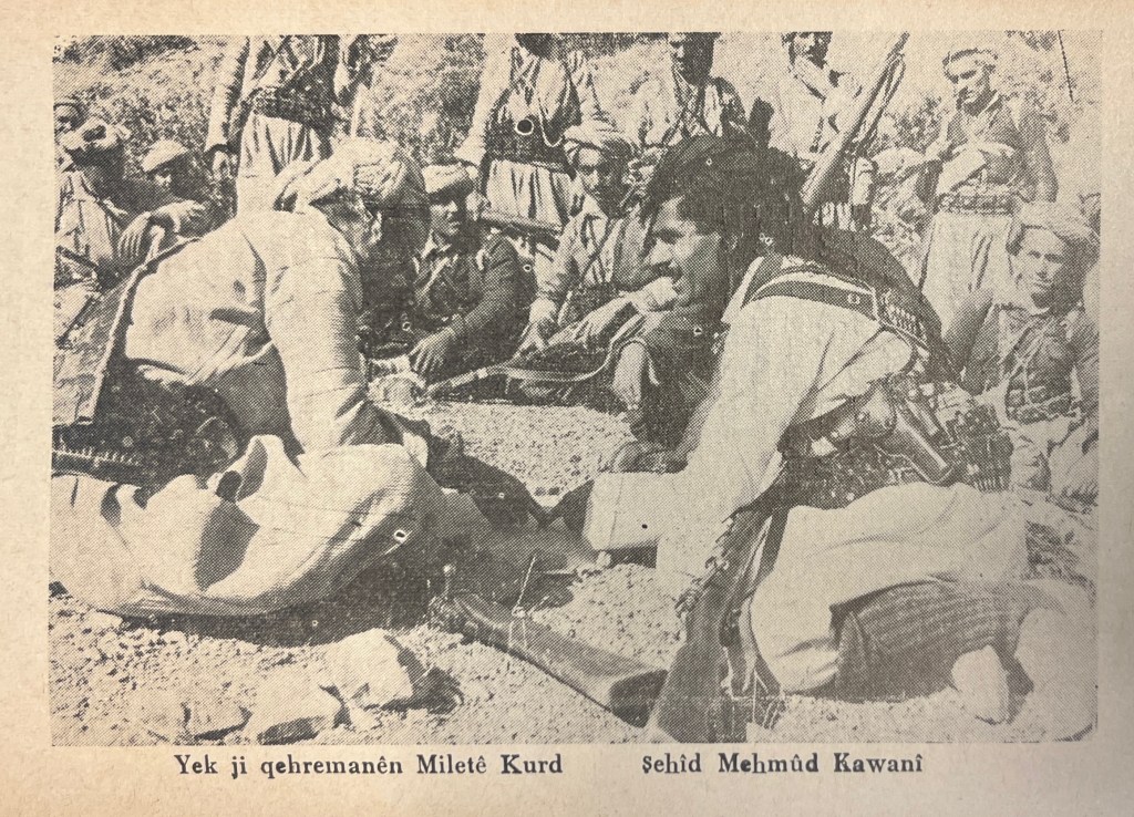 A group of men in Kurdish dress brandishing weapons and crouched around in a circle, as if engaged in discussion.