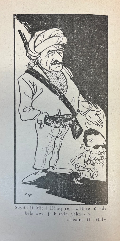 A black and white caricature of a man in Kurdish traditional dress and European shoes with a rifle slung across his back shooing away a man in black sunglasses and ragged clothes, biting his nails. Below the image are three lines of Latin-script text.